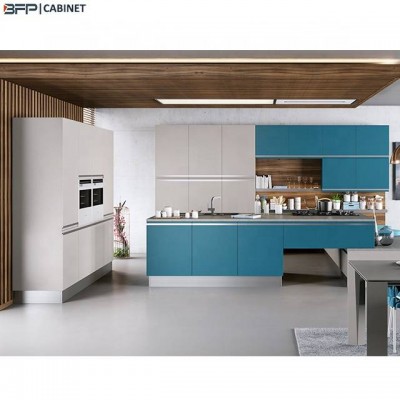 Light Gray & Blue Lacquer Hpl L Shape Kitchen Design Popular Candy Color Customize Kitchen Cabinet Agents