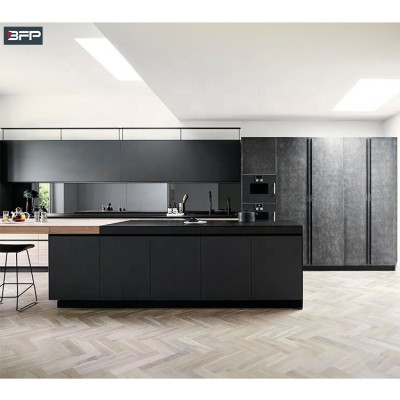 Luxury Simple Design Black Melamine Kitchen Cabinet with Island Cuisine Complte